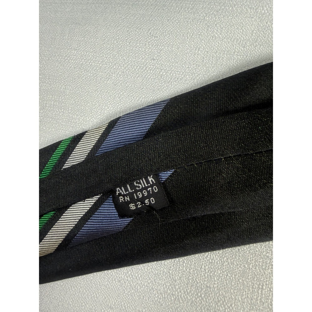 Vintage Mens Black Silk Necktie Blue Green Silver Diagonal Stripe RN 19970